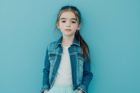 Young girl standing against a blue background, wearing a denim jacket and skirt. Her expression is calm and confidentの素材