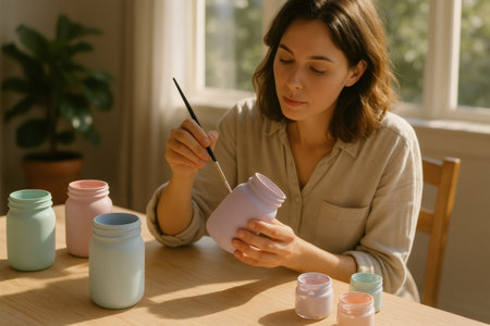 Woman painting glass jars in soft pastel colors, immersing herself in a creative hobby while enjoying the calming atmosphere at homeの素材