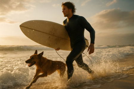 Surfer in a wetsuit sprinting into the ocean at sunset, joyfully accompanied by his dog while carrying a surfboardの素材