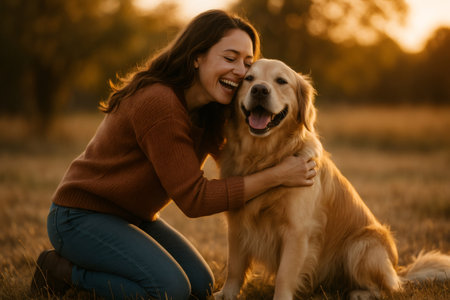 Woman kneeling and hugging golden retriever dog during golden hour in a field, enjoying a moment of affection and happinessの素材