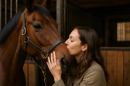Young woman veterinarian kissing her horse patient, expressing deep love and care in a warm, inviting stable environmentの素材