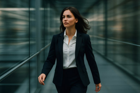 Confident businesswoman striding through a modern office corridor, embodied ambition, leadership, and success in the corporate worldの素材