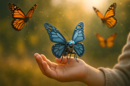 Robotic butterfly with glowing blue eyes is landing on a hand, while two monarch butterflies are flying around in a sunny natureの素材