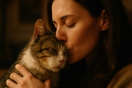 Young woman expressing love and affection for her cat through gentle embraces and tender kisses, creating a warm bond of friendshipの素材