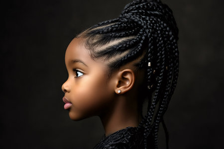 Profile portrait of a young girl with intricate braids and beads, showing traditional African hairstyle against a dark backgroundの素材