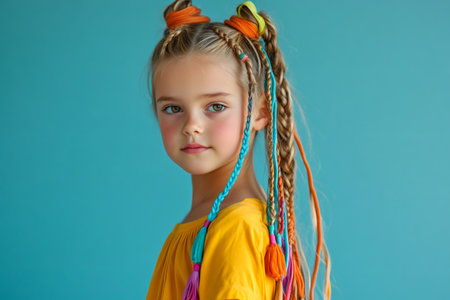 Studio portrait of a young girl with colorful braids and a yellow dress, showcasing a trendy and playful styleの素材
