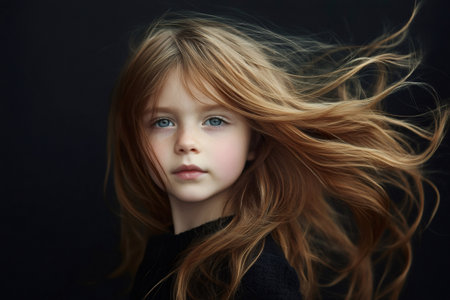 Studio portrait featuring a young girl with long, flowing red hair, radiating beauty and innocence against a dark backdropの素材