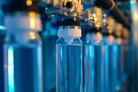 Robotic equipment filling bottles with clean water in beverage production plant, showcasing automation in industrial environmentの素材