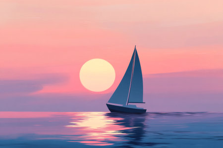 Minimalist illustration of a sailboat sailing on a calm sea during a beautiful sunset, creating a peaceful and serene atmosphereの素材