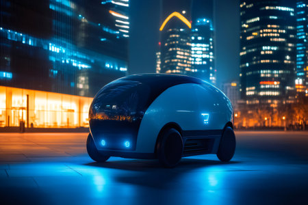 Futuristic self driving delivery vehicle operating in an urban environment, showcasing innovation in transportation and logisticsの素材