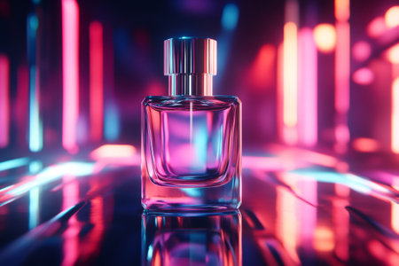 Elegant perfume bottle illuminated by vibrant neon lights, creating a modern and stylish atmosphereの素材