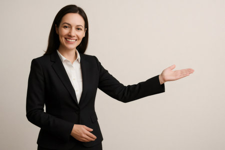 Businesswoman in a suit smiling and extending an open hand in a welcoming gesture against a light studio background, exuding confidence and professionalismの素材
