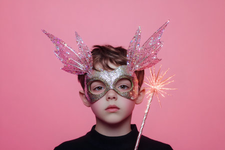 Portrait of a boy wearing a fairy godmother mask and holding a magic wand, posing against a vibrant pink backdropの素材