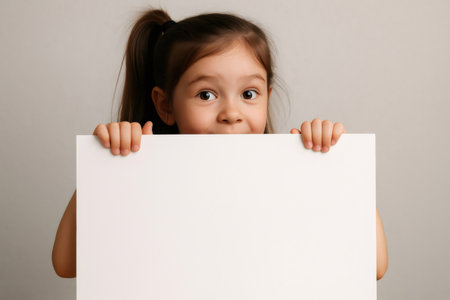 Little girl joyfully holding a blank white cardboard, peeking over the top with a big smile, radiating happiness and curiosityの素材