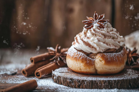 Freshly baked cinnamon bun sprinkled with powdered sugar, topped with whipped cream and star anise, cinnamon sticks, and star anise beside, creating a cozy and inviting sceneの素材