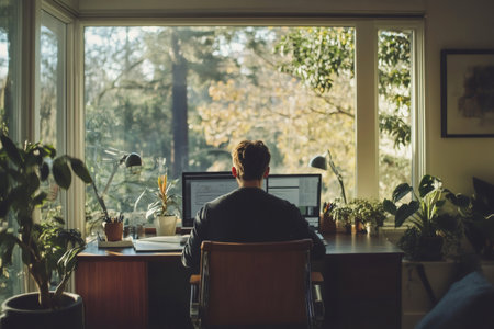 Professional man sitting at desk working remotely from home office with two computer monitors and large window view of treesの素材