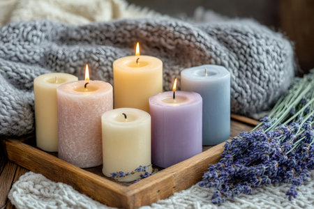 Pastel colored pillar candles burning on wooden tray with dried lavender flowers, placed on soft knitted blanket, creating a cozy and relaxing atmosphereの素材