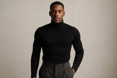 Studio portrait of a young, fashionable African American man wearing a black turtleneck and gray pants, exuding confidence and styleの素材