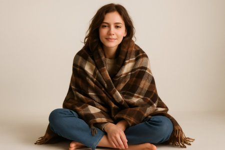 Cozy portrait of a young woman wrapped in a warm plaid blanket, savoring a peaceful moment of relaxation at home during winterの素材