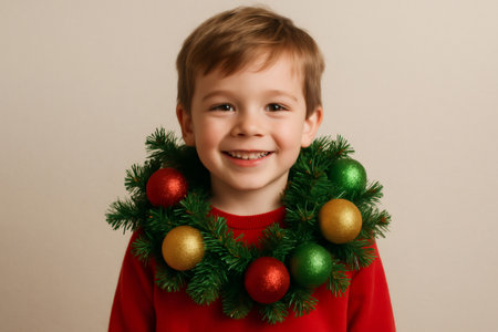 Young boy smiles brightly while wearing a festive Christmas garland adorned with colorful ornaments, capturing the joy and spirit of the holiday seasonの素材