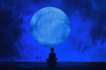 Surreal scene featuring a silhouette meditating under a giant blue moon, creating a mystical and tranquil atmosphereの素材