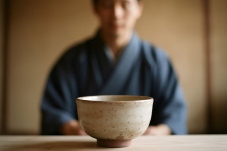 Empty ceramic tea bowl placed on a wooden table, with a blurred Japanese man in traditional kimono sitting in background, ready for a tea ceremonyの素材