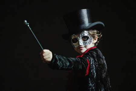 Child dressed as a magician with a top hat and mask, holding a wand. The dark background enhances the mysterious and magical themeの素材