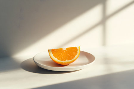 Minimalist still life featuring a single orange slice on a white plate, illuminated by natural light filtering through a windowの素材