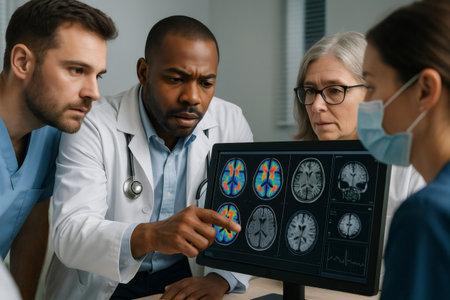 Doctors and nurses examining magnetic resonance imaging results of brain activity on a computer screen in a hospitalの素材