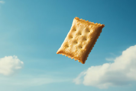 Square cracker floating against a vibrant blue sky with fluffy white clouds, evoking a sense of freedom and lightnessの素材