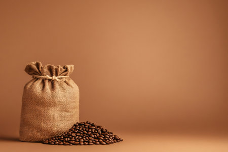 Roasted coffee beans near a burlap sack on a brown background, ideal for representing coffee production or consumptionの素材
