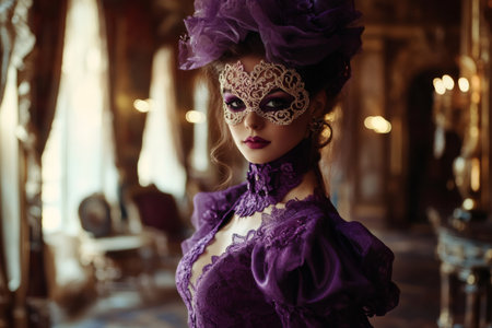 Gorgeous model wearing an elegant purple dress and a venetian mask posing in a luxurious palace during a costume partyの素材