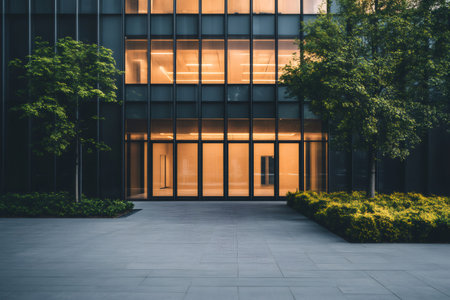 Warm light illuminates the interior of a modern office building at dusk, creating a welcoming atmosphere in a minimalist architectural settingの素材