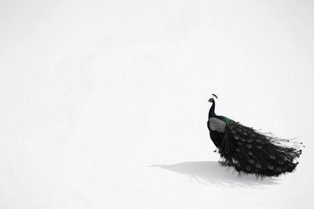 Black and green peacock showing its beautiful feathers on seamless white background, perfect for elegant and luxurious designsの素材