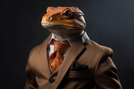 Portrait of a bearded dragon or lizards in a suit on a dark background. Anthropomorphic animals conceptの素材