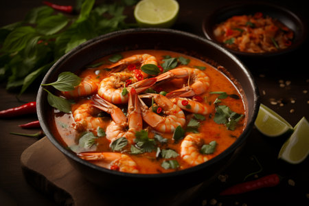 Tom Yum Goong, Thai spicy soup with prawns on wooden table.の素材