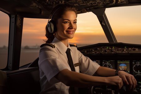 Beautiful young woman pilot in the cockpit of a plane at sunset.の素材