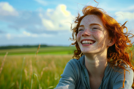Joyful young woman with freckles smiling in a sunny field, feeling happy and carefreeの素材