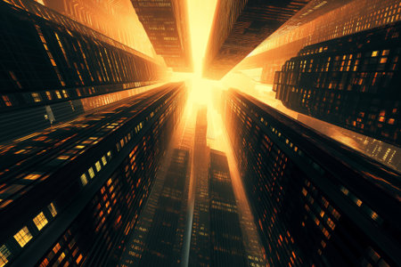 A dramatic cityscape view as the sunset lights up a narrow corridor between towering skyscrapersの素材