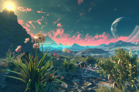 Otherworldly alien sunrise landscape digital artwork with vibrant colors and lush vegetation in a futuristic and ethereal world outside of our planet. Featuring serene mountains. Cosmic skyの素材