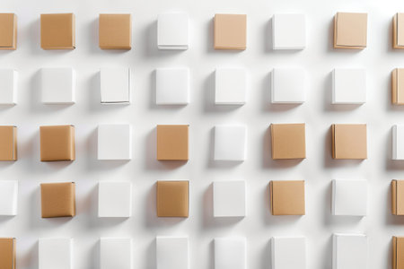 A neatly organized array of alternating white and brown square boxes creating a checkerboard patternの素材