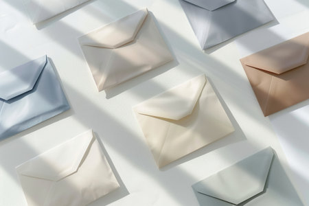 Clean, bright display of various envelopes with soft shadows on a white surfaceの素材