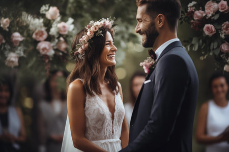 Bride and groom share a loving gaze during their outdoor wedding ceremonyの素材