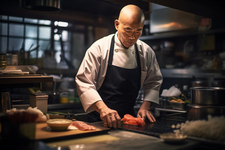 Skilled Asian chef precisely slices fresh sashimi in a traditional sushi restaurantの素材