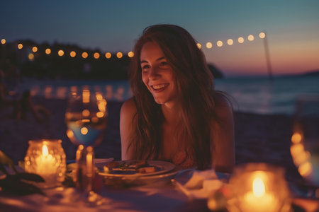 Smiling woman enjoys a serene beachside dinner as the sun sets, creating a warm ambianceの素材