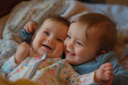 Adorable multi-ethnic twin babies. A boy and a girl. Happily embracing and smiling in gender-neutral casual clothing indoorsの素材