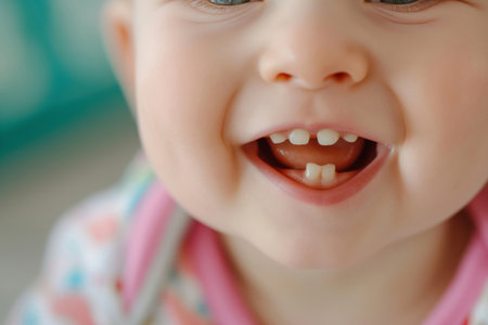 Close-up of a laughing baby showing new teethの素材
