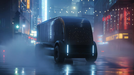 Autonomous electric delivery van travels through a misty, neon-lit cityscape, depicting modern transportationの素材