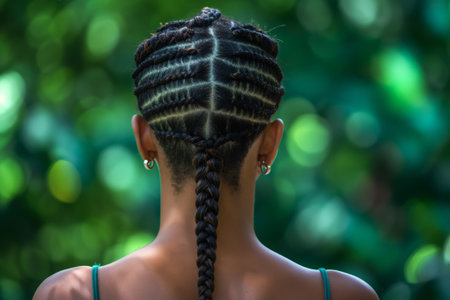 Close-up of a woman's elaborate braided hair captured against a serene, bokeh green background. Back viewの素材