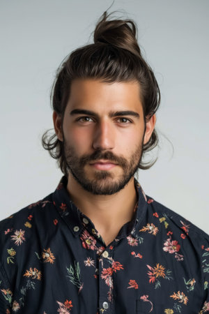Detailed portrait of a man featuring a fashionable top knot hairstyleの素材